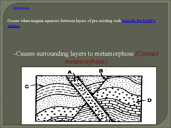 Intrusion: Occurs when magma squeezes between layers of pre-existing rock beneath the Earth’s surface