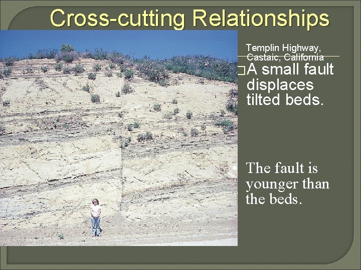 Cross-cutting Relationships Templin Highway, Castaic, California �A small fault displaces tilted beds. • The