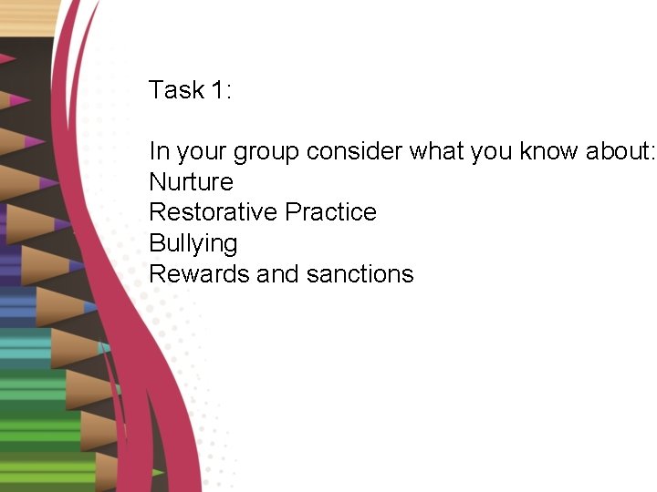 Task 1: In your group consider what you know about: Nurture Restorative Practice Bullying