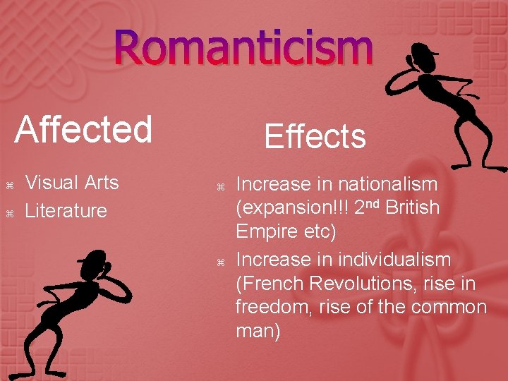 Romanticism Affected Visual Arts Literature Effects Increase in nationalism (expansion!!! 2 nd British Empire