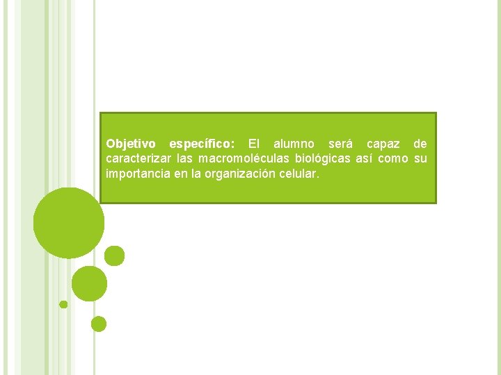 Objetivo específico: El alumno será capaz de caracterizar las macromoléculas biológicas así como su