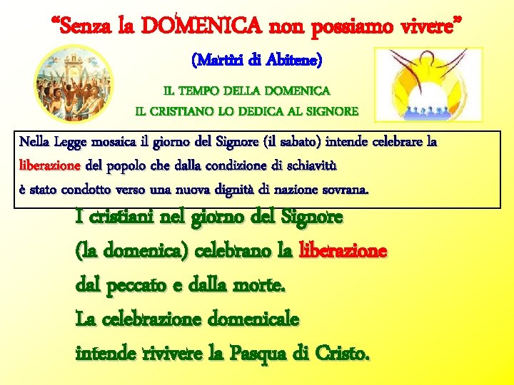 “Senza la DOMENICA non possiamo vivere” (Martiri di Abitene) IL TEMPO DELLA DOMENICA IL