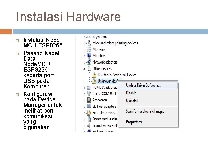 Instalasi Hardware Instalasi Node MCU ESP 8266 Pasang Kabel Data Node. MCU ESP 8266