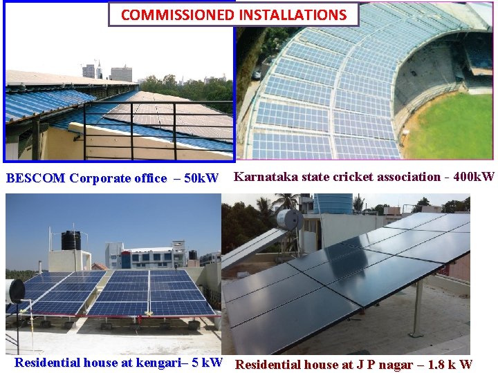 COMMISSIONED INSTALLATIONS BESCOM Corporate office – 50 k. W Karnataka state cricket association - COMMISSIONED INSTALLATIONS BESCOM Corporate office – 50 k. W Karnataka state cricket association -