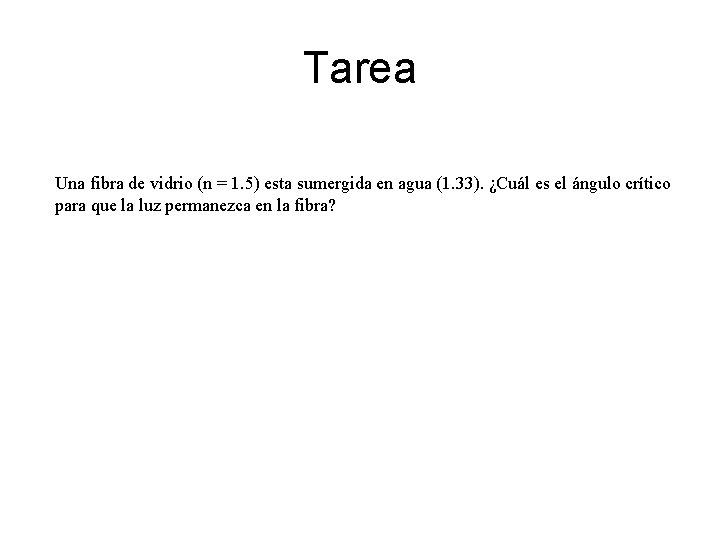 Tarea Una fibra de vidrio (n = 1. 5) esta sumergida en agua (1.