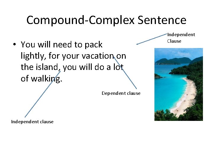 Compound-Complex Sentence • You will need to pack lightly, for your vacation on the