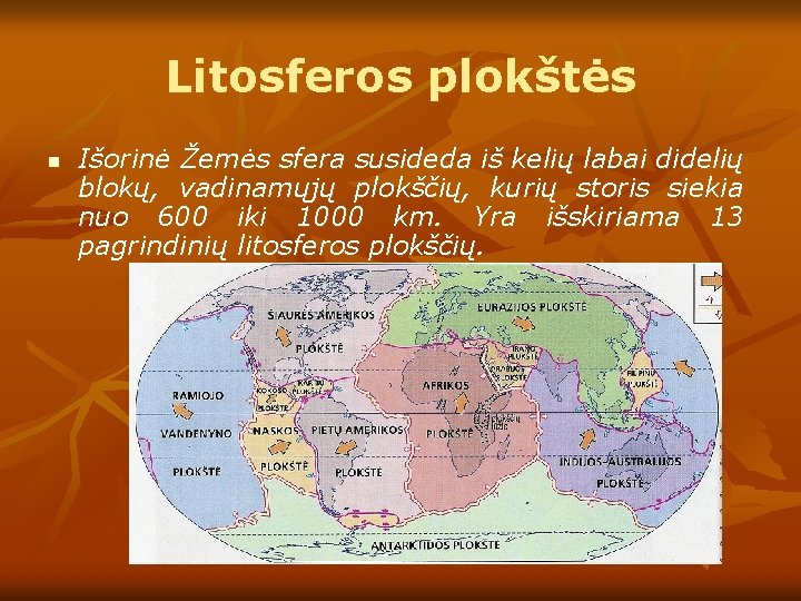 Litosferos plokštės n Išorinė Žemės sfera susideda iš kelių labai didelių blokų, vadinamųjų plokščių,