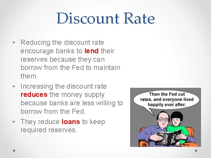 Discount Rate • Reducing the discount rate encourage banks to lend their reserves because