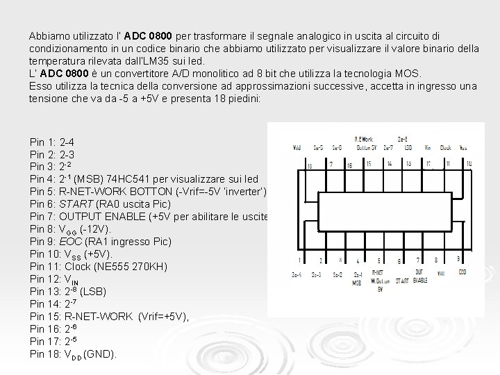 Abbiamo utilizzato l’ ADC 0800 per trasformare il segnale analogico in uscita al circuito