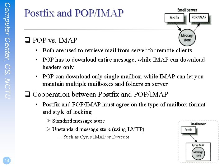 Computer Center, CS, NCTU Postfix and POP/IMAP q POP vs. IMAP • Both are