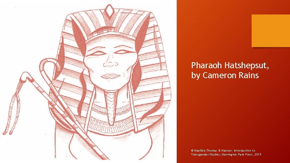 Pharaoh Hatshepsut, by Cameron Rains © Haefele-Thomas & Hansen: Introduction to Transgender Studies, Harrington