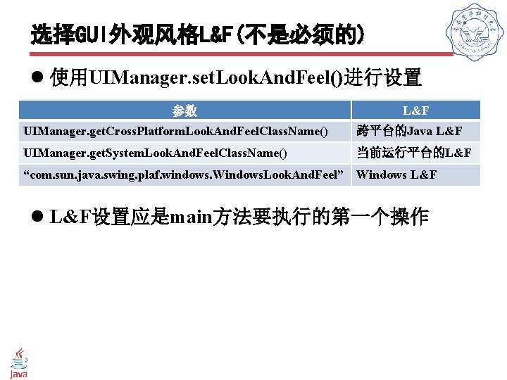 选择GUI外观风格L&F(不是必须的) l 使用UIManager. set. Look. And. Feel()进行设置 参数 L&F UIManager. get. Cross. Platform. Look.