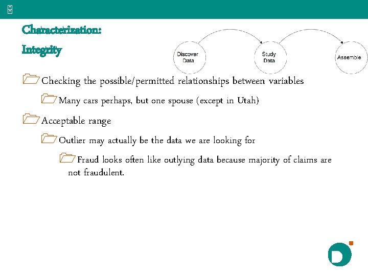 5 Characterization: Integrity 1 Checking the possible/permitted relationships between variables 1 Many cars perhaps,