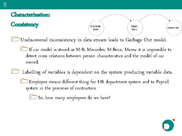 5 Characterization: Consistency 1 Undiscovered inconsistency in data stream leads to Garbage Out model.