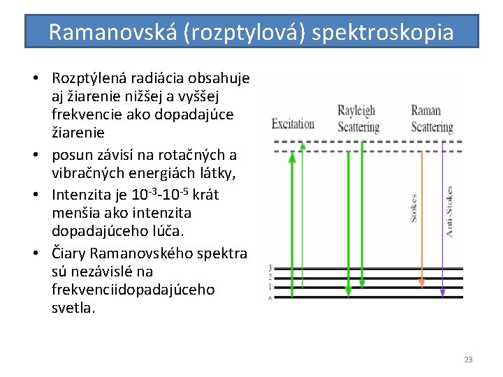 Ramanovská (rozptylová) spektroskopia • Rozptýlená radiácia obsahuje aj žiarenie nižšej a vyššej frekvencie ako