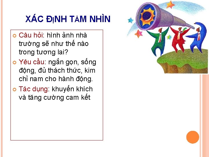 XÁC ĐỊNH TẦM NHÌN Câu hỏi: hình ảnh nhà trường sẽ như thế nào