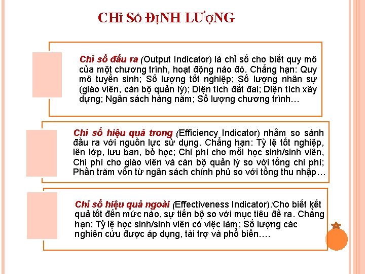 CHỈ SỐ ĐỊNH LƯỢNG Chỉ số đầu ra (Output Indicator) là chỉ số cho