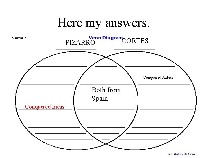 Here my answers. PIZARRO CORTES Conquered Aztecs Both from Spain Conquered Incas Here my answers. PIZARRO CORTES Conquered Aztecs Both from Spain Conquered Incas