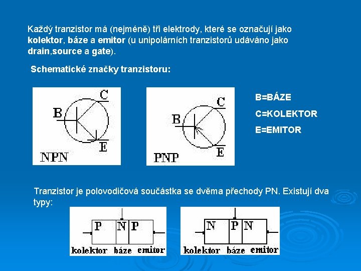 Každý tranzistor má (nejméně) tři elektrody, které se označují jako kolektor, báze a emitor