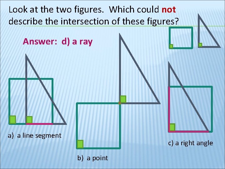 Look at the two figures. Which could not describe the intersection of these figures?