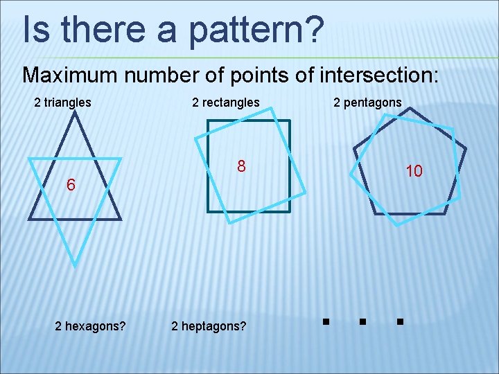 Is there a pattern? Maximum number of points of intersection: 2 triangles 2 rectangles