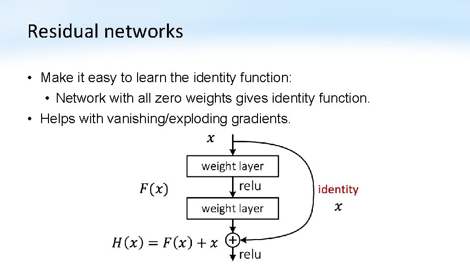 Residual networks • Make it easy to learn the identity function: • Network with