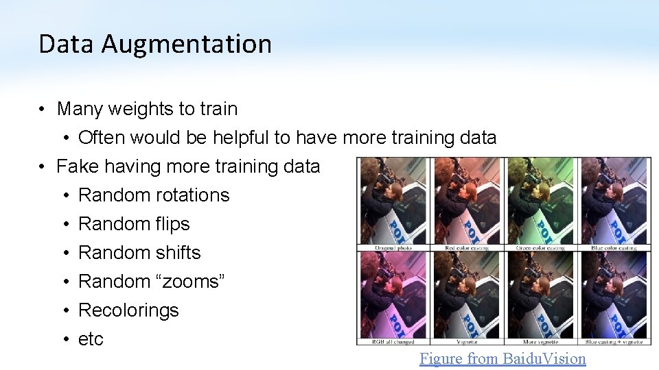 Data Augmentation • Many weights to train • Often would be helpful to have