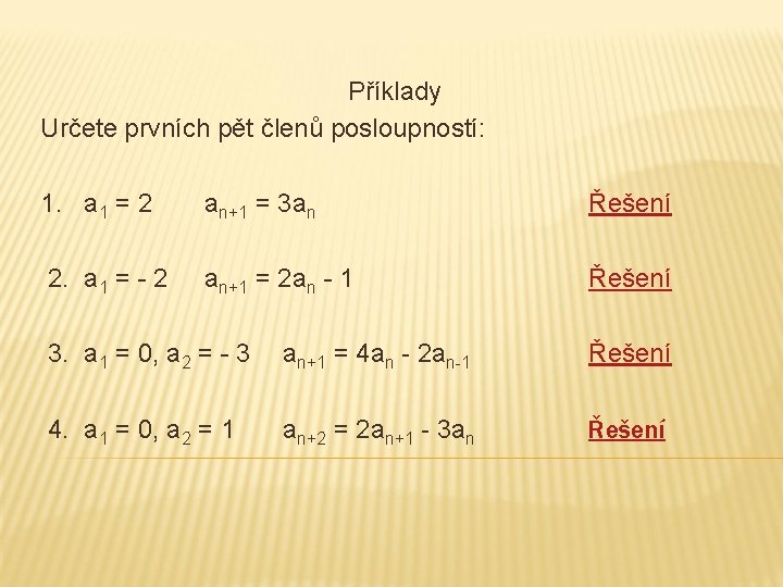 Příklady Určete prvních pět členů posloupností: 1. a 1 = 2 an+1 = 3