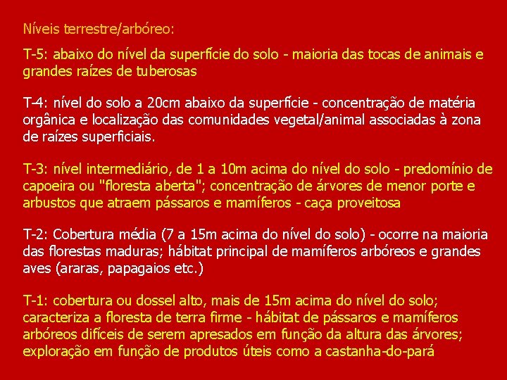 Níveis terrestre/arbóreo: T-5: abaixo do nível da superfície do solo - maioria das tocas