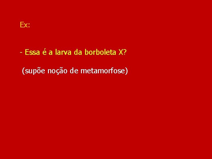 Ex: - Essa é a larva da borboleta X? (supõe noção de metamorfose) 