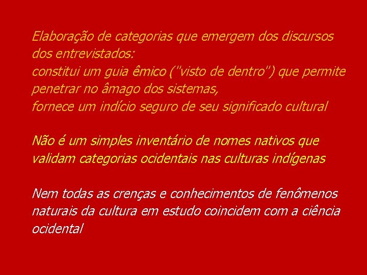 Elaboração de categorias que emergem dos discursos dos entrevistados: constitui um guia êmico ("visto