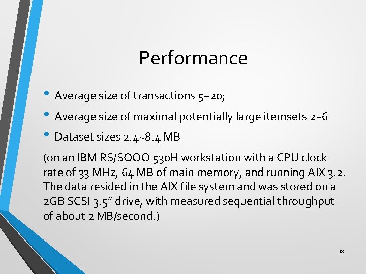 Performance • Average size of transactions 5~20; • Average size of maximal potentially large
