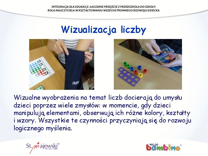 Wizualizacja liczby Wizualne wyobrażenia na temat liczb docierają do umysłu dzieci poprzez wiele zmysłów: Wizualizacja liczby Wizualne wyobrażenia na temat liczb docierają do umysłu dzieci poprzez wiele zmysłów: