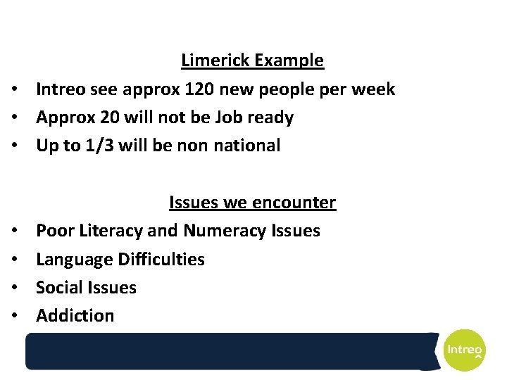 Limerick Example • Intreo see approx 120 new people per week • Approx 20