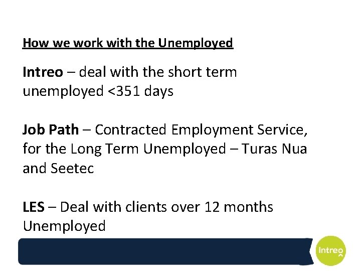 How we work with the Unemployed Intreo – deal with the short term unemployed