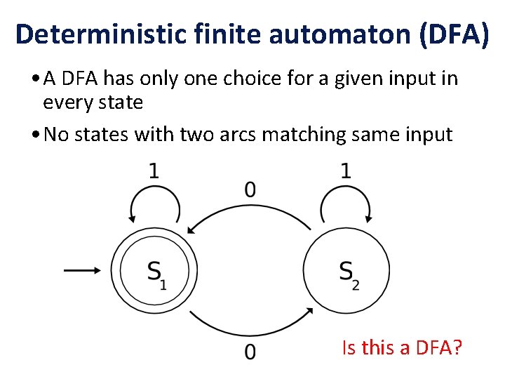 Deterministic finite automaton (DFA) • A DFA has only one choice for a given