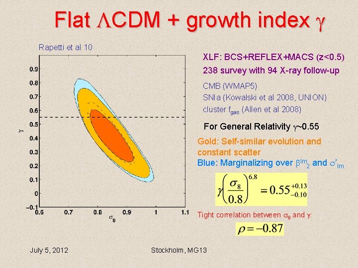 Flat CDM + growth index Rapetti et al 10 XLF: BCS+REFLEX+MACS (z<0. 5) 238 Flat CDM + growth index Rapetti et al 10 XLF: BCS+REFLEX+MACS (z<0. 5) 238