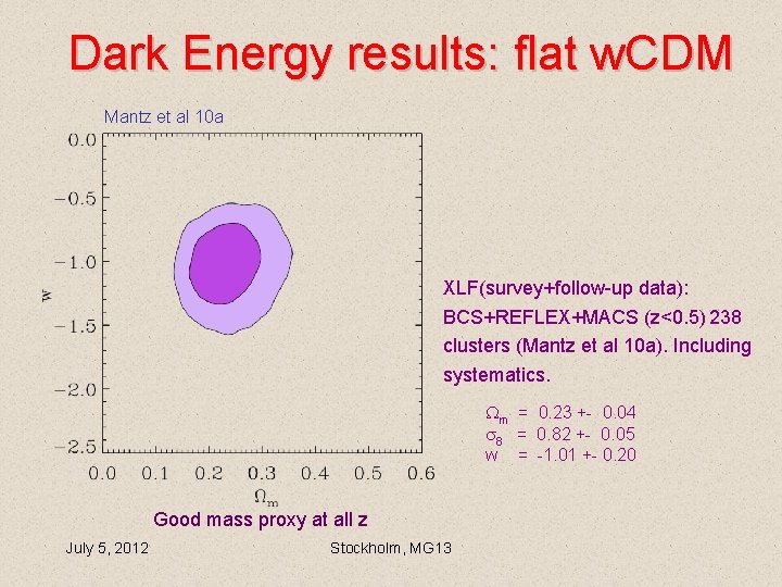 Dark Energy results: flat w. CDM Mantz et al 10 a XLF(survey+follow-up data): BCS+REFLEX+MACS Dark Energy results: flat w. CDM Mantz et al 10 a XLF(survey+follow-up data): BCS+REFLEX+MACS