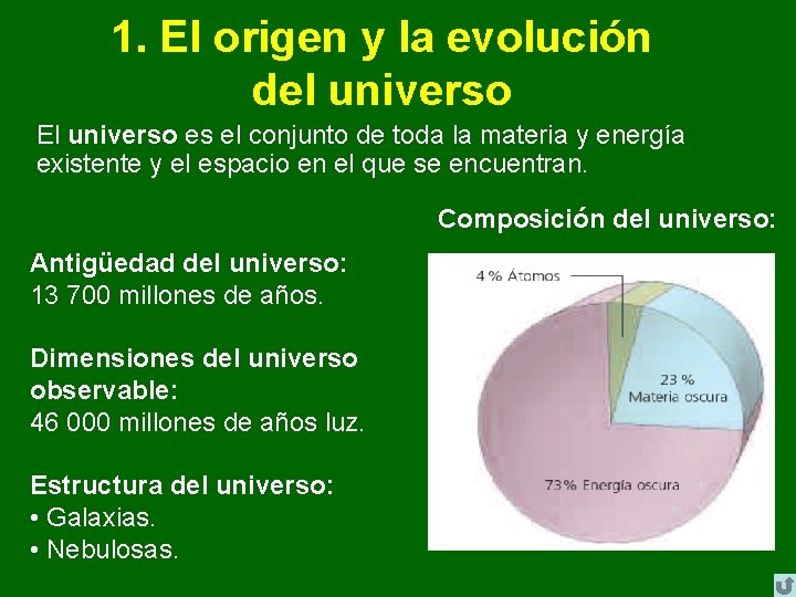 1. El origen y la evolución del universo El universo es el conjunto de