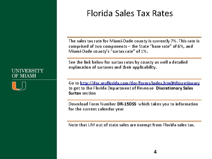 Florida Sales Tax Rates The sales tax rate for Miami-Dade county is currently 7%.