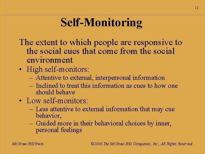 11 Self-Monitoring The extent to which people are responsive to the social cues that