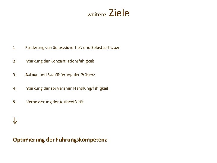 weitere Ziele 1. Förderung von Selbstsicherheit und Selbstvertrauen 2. Stärkung der Konzentrationsfähigkeit 3. Aufbau