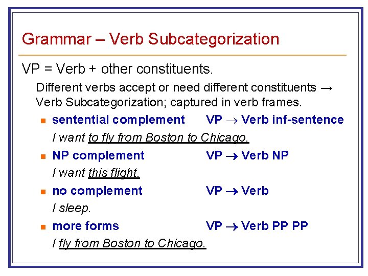 Grammar – Verb Subcategorization VP = Verb + other constituents. Different verbs accept or