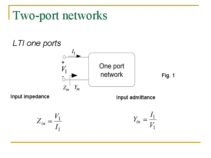 Two-port networks LTI one ports Fig. 1 Input impedance Input admittance 