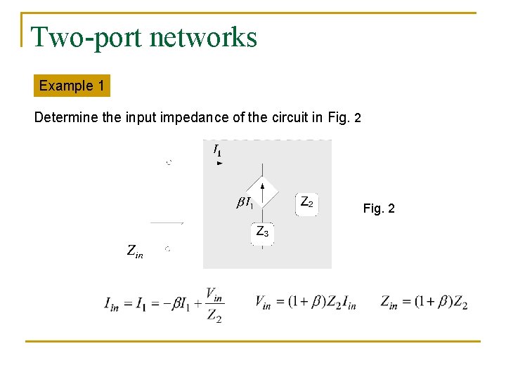 Two-port networks Example 1 Determine the input impedance of the circuit in Fig. 2