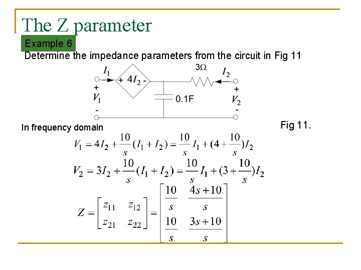 The Z parameter Example 6 Determine the impedance parameters from the circuit in Fig