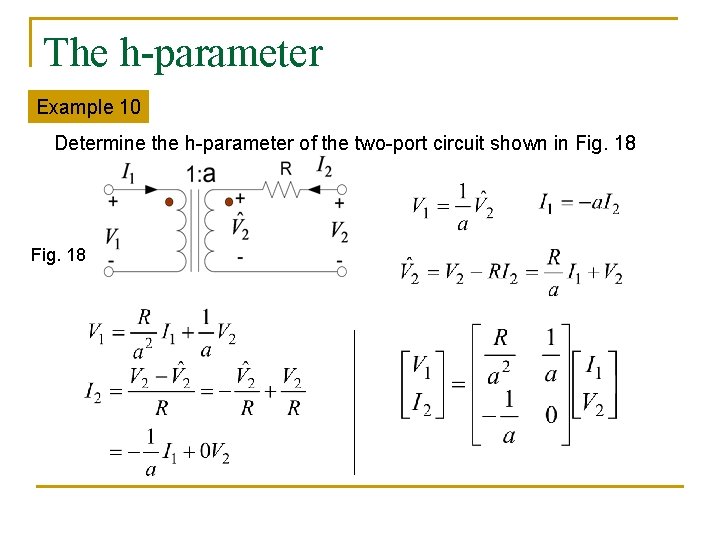 The h-parameter Example 10 Determine the h-parameter of the two-port circuit shown in Fig.