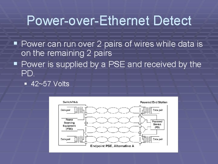 Power-over-Ethernet Detect § Power can run over 2 pairs of wires while data is