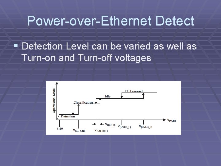 Power-over-Ethernet Detect § Detection Level can be varied as well as Turn-on and Turn-off