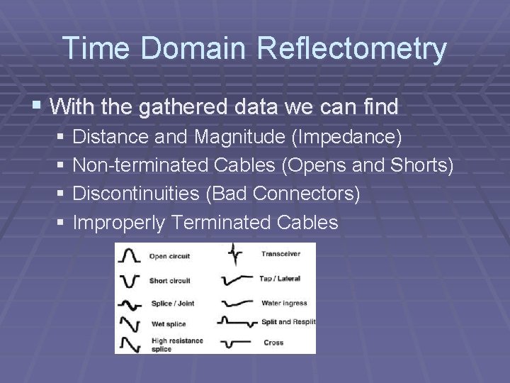 Time Domain Reflectometry § With the gathered data we can find § Distance and